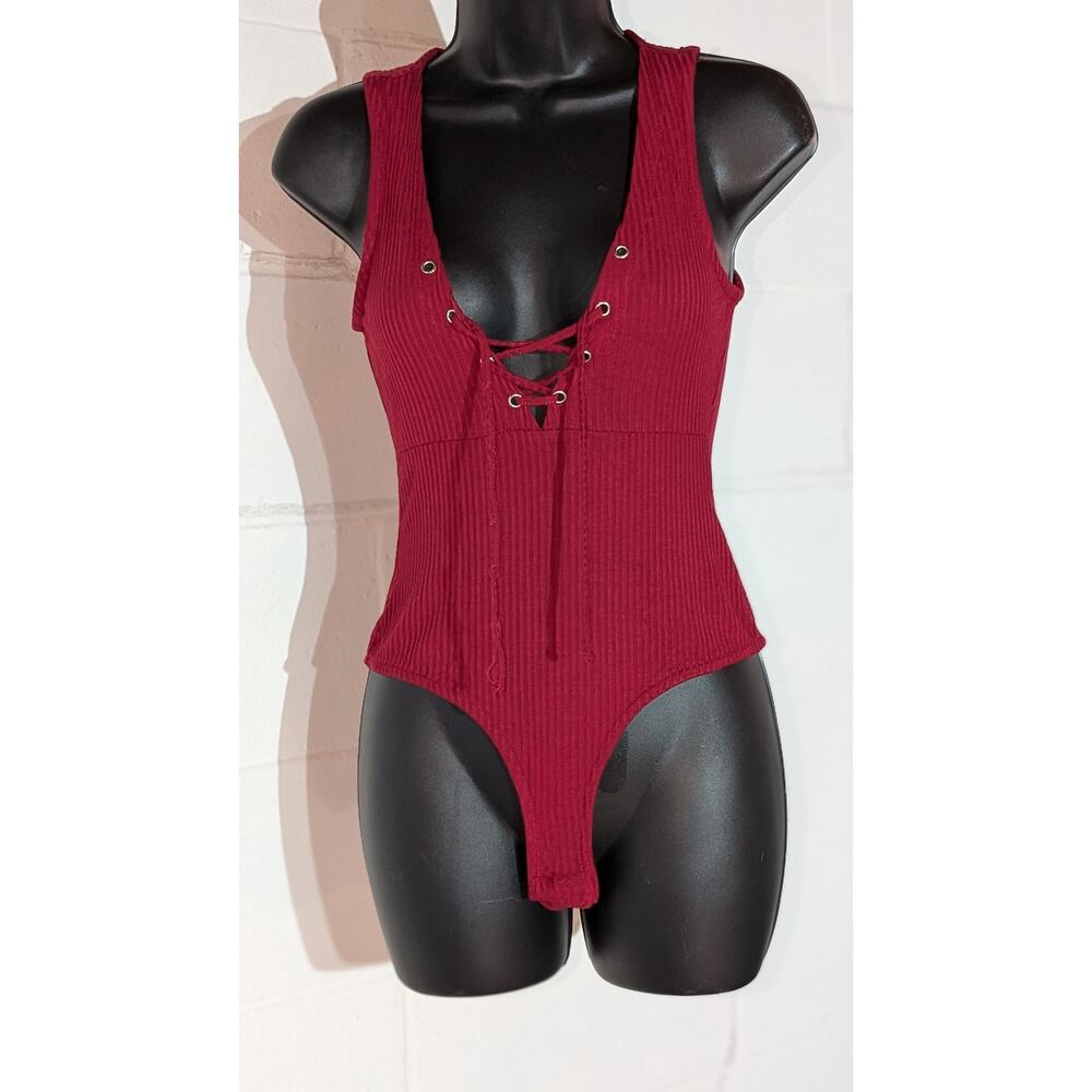 Iris Ribbed Lace Up Bodysuit Sleeveless Tank Top Shirt Red Large